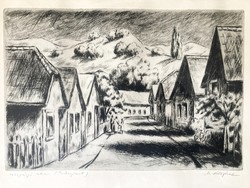 József M. Kiss (1936-1999): Zebegény street, quality etching, proof