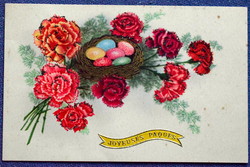 Régi Húsvéti üdvözlő glitteres képeslap - arany fészek tojás, szegfű