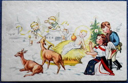 Régi Karácsonyi üdvözlő grafikus  képeslap magyaros viseletben angyalkák  Kisded  1938ból