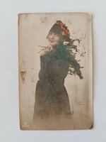 Régi újévi képeslap fotó levelezőlap hölgy