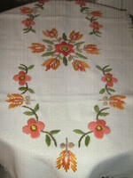 Beautiful hand-embroidered floral tablecloth runner with fringed edges