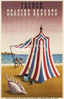 Vintage francia Riviéra nyaralási plakát, tengerpart strand csíkos sátor kagyló homok 1947 REPRINT