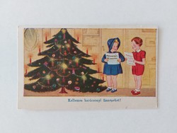 Old mini postcard Christmas greeting card Christmas tree kids