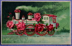 Antique embossed greeting litho postcard - locomotive with roses