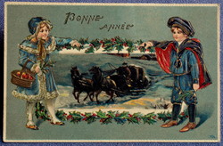 Antik dombornyomott Újévi üdvözlő képeslap - gyerekek téli éjszaka lovas fogat  1908ból