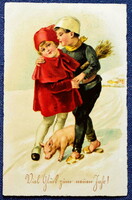 Art deco New Year greeting graphic postcard - little girl in red dress / boy chimney sweep / pig 1926