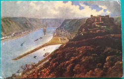 Antik tájkép, látkép képeslap, Rheinfels-kastély, Németország, művészet, futott