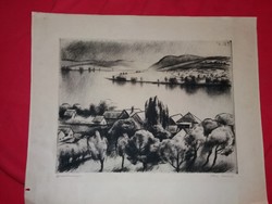 An etching by Terézia Kiss of the Danube bend without a frame according to the pictures