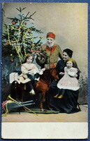 Antik Karácsonyi üdvözlő litho fotó  képeslap - karácsonyfa gyerekek játékok, hintaló ,baba