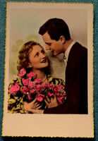 Régi glitteres  nosztalgia fotó képeslap  -   szerelmes pár