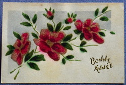 Régi Újévi dekupázsszerű  üdvözlő képeslap - virágok furcsa bársonyos anyagból