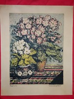 Artwork by István Imre Id. (1918-1983): peonies linocut without frame according to the pictures