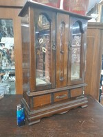 Old wooden drawer with mirror, small cabinet with decorative jewelry holder, storage display case. 40 Cm.