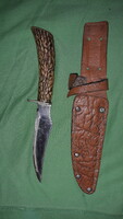 Old sharp outdoor hunting knife in a leather sheath with deer antler imitation handle 20 cm 11 cm blade as shown in pictures
