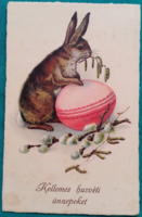 Antik  húsvéti üdvözlet, futott képeslap, 1933, nyuszi, tojás, barkaág
