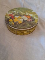 Régi virágmintás fém kerek sütis doboz, tavaszi/ húsvéti dekor