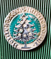 Circa 1938 Happy Holy Christmas decoration relief embossed metal Christmas tree ornament
