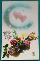 Antik színezett virágos üdvözlő képeslap, patkó, szív, Szekfű