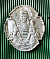 Virgin Mary small Hungarian crown old Christmas decoration embossed metal Christmas tree ornament