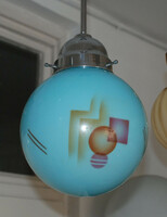 Art deco krómozott mennyezeti lámpa felújítva - kék gömbbúra - geometrikus spritzdekor festés