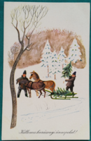 Old graphic Christmas greeting card, drawing by Miklós Gyóry, used, 1966