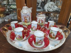 Alt Wien hand-painted, gilded hinge, scenic porcelain coffee and tea cup set, with tray.