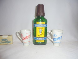 Retro becherovka drink bottle and two porcelain glasses - together