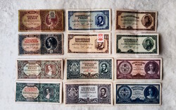 Pengő-milpengő páros sor 1945/46-ból: 10 ezertől 1 milliárdig (VF-F) | 12 db bankjegy