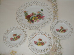 Victoria old Czechoslovak openwork edge porcelain spur flower cake set (4 pcs.)