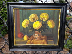 Schey Ferenc: Krizantém sárga, olaj, farost, falc 55x70 cm, antik képkeret. Csendélet, festmény