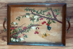 Hand painted wood - glass tray
