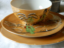 Japanese eggshell mustard colored breakfast set, cups and small plates