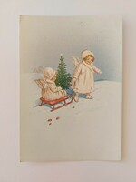 Old Christmas card postcard with sleigh angels