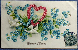 Antique embossed New Year litho postcard - rose and forget-me-not heart doves from 1906