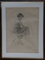 Szopos Sándor - Cigányasszonyok - ceruzarajz keretezve, üveg alatt