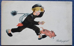 Retró  Újévi üdvözlő képeslap - kéményseprő fiú malaccal     Demjén Zsuzs  grafika