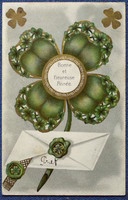 Antique New Year greeting litho postcard - stylized 4-leaf clover