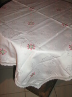 Beautiful damask tablecloth with white lace edge hand-embroidered tiny cross-stitch flowers