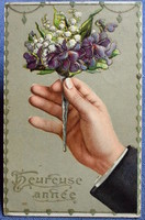 Antique embossed New Year litho postcard - hand holding a bouquet of violets from 1906