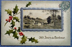 Antique embossed New Year litho postcard - landscape with holly