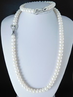 Cultured pearl necklace bracelet with heart clasps jewelry set