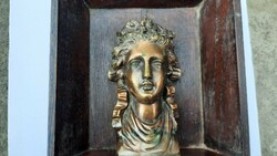 Spring fairy with flower crown - bronze bust in a wooden frame