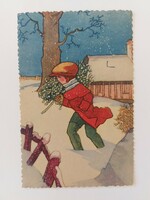 Régi karácsonyi képeslap levelezőlap kisfiú fagyöngy hóesés