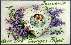 Antique glitter litho postcard - fairy blue flower in heart bird organ / with interesting advertisement