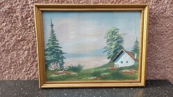 Village landscape painting, glazed wooden picture frame, tempera paper