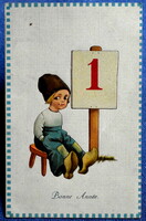 Antique embossed New Year greeting card - little boy in wooden slippers Jan 1. Plate from 1913