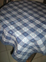 Beautiful vintage white-blue checkered woven tablecloth with lacy edges