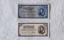 Pengő-milpengő páros 1945/46-ból: 1 millió (EF-VF) | 2 db bankjegy