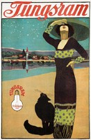 Vintage tungsram advertising poster reprint, carving gauze, black cat in hat woman lake shore starry sky