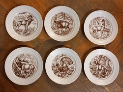 Fox, wild boar, deer - forest animal plates, Freiberger porcelain 6 pcs
